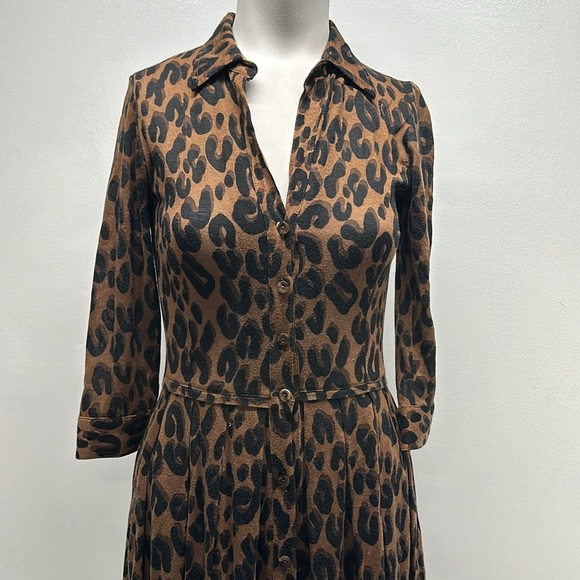 Samantha Sung Shirt Dress Button Down Animal Print Wool Silk Brown Black Size 0 - Picture 2 of 13